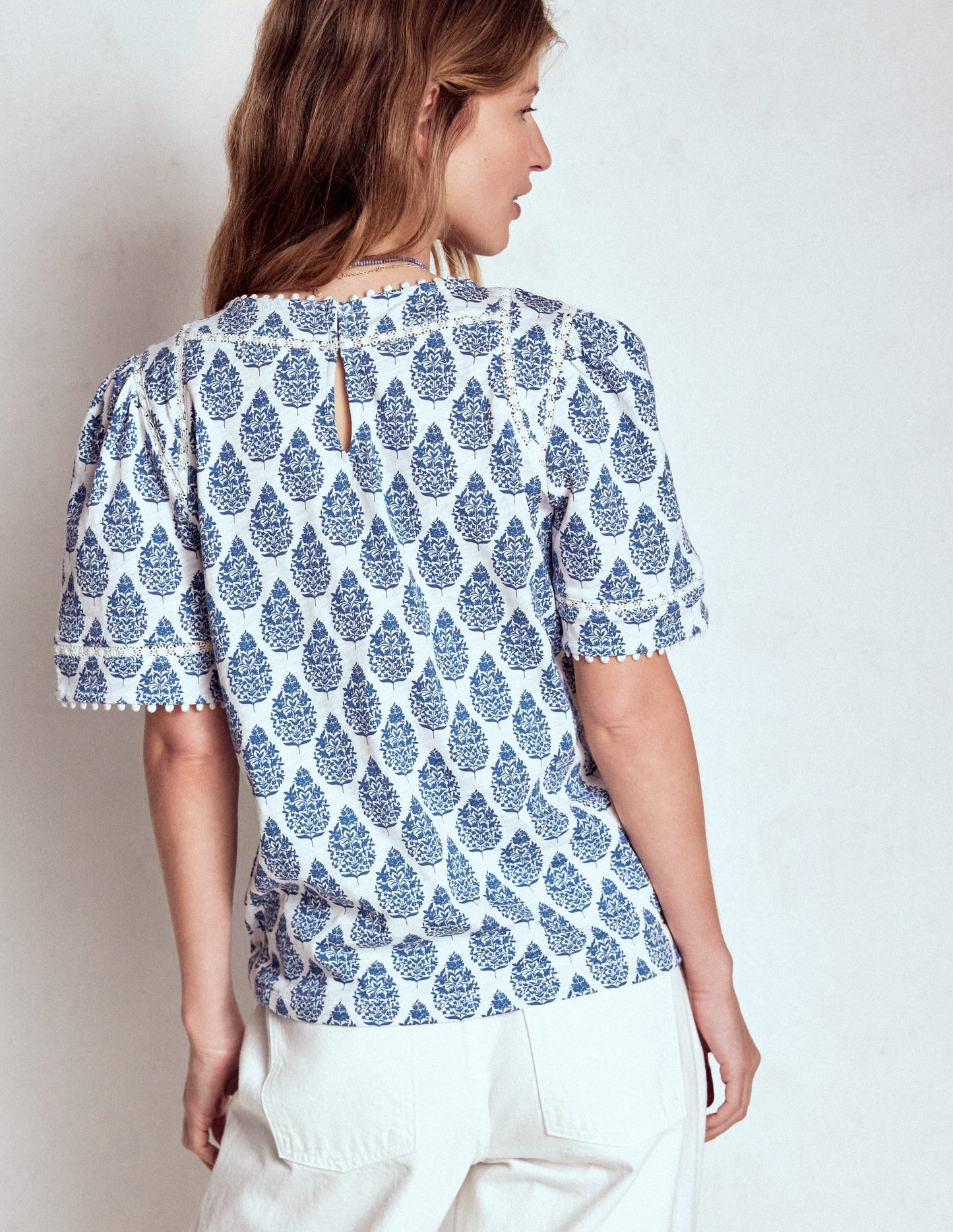 Mila Lace Trim Top-Denim Blue, Wildflower Bouquet