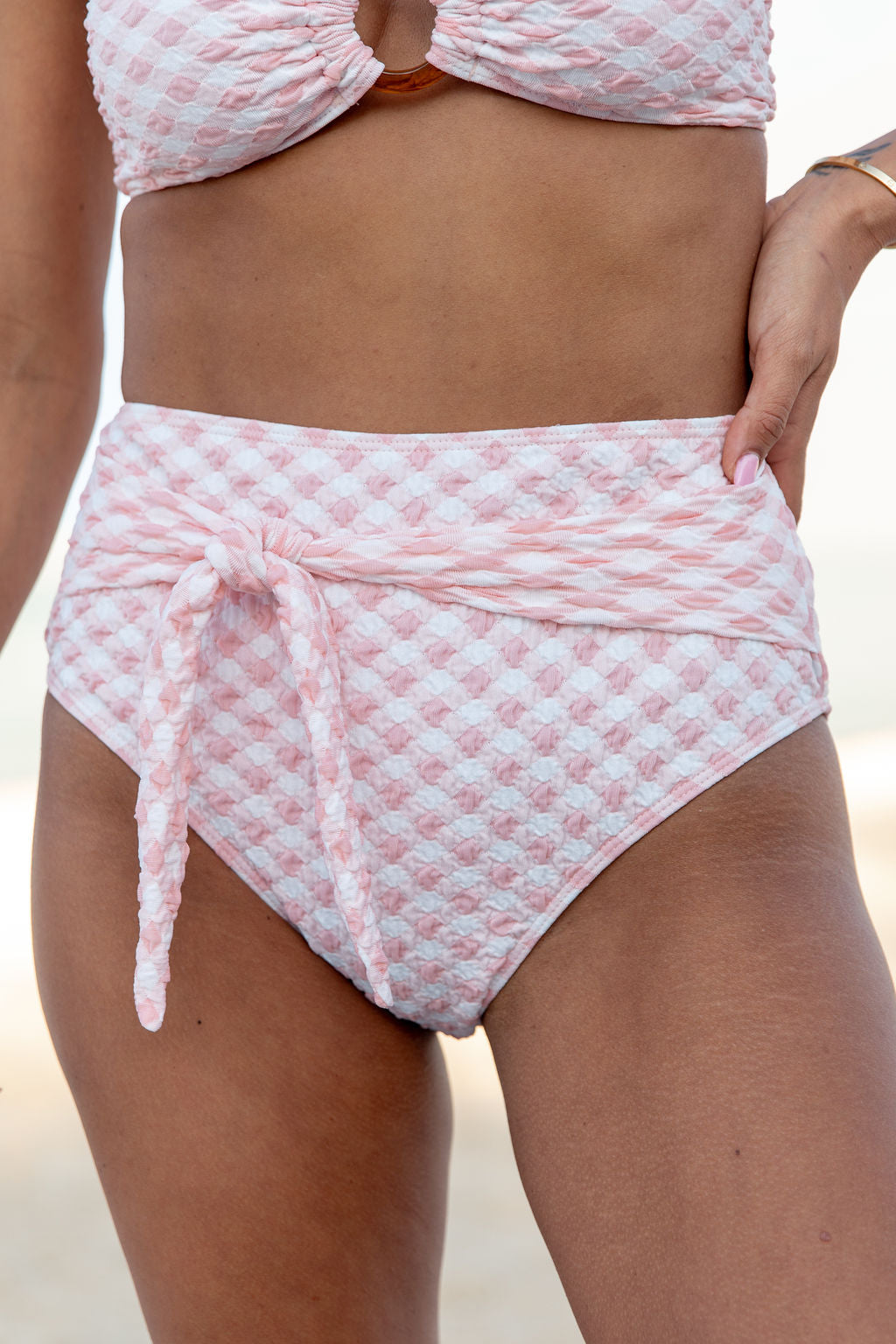 Golden Isle Pink Textured Tie Detail Bikini Bottom FINAL SALE