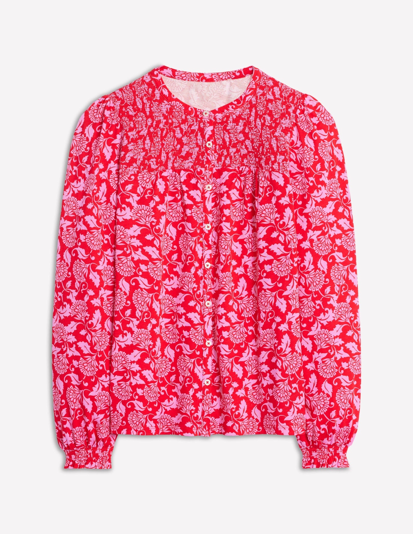 Elsa Smocked Yoke Jersey Shirt-Poppy Red, Ornate Vine