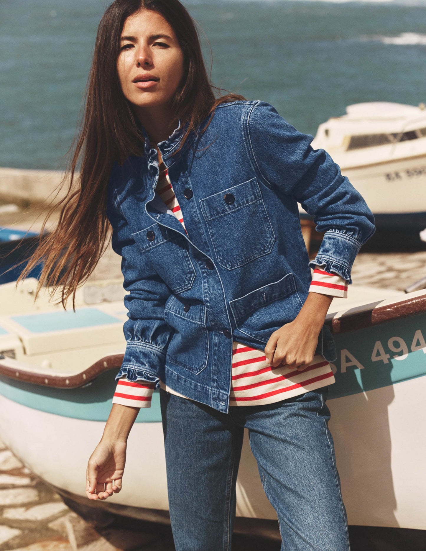 Denim Frill Collar Jacket-Mid Wash