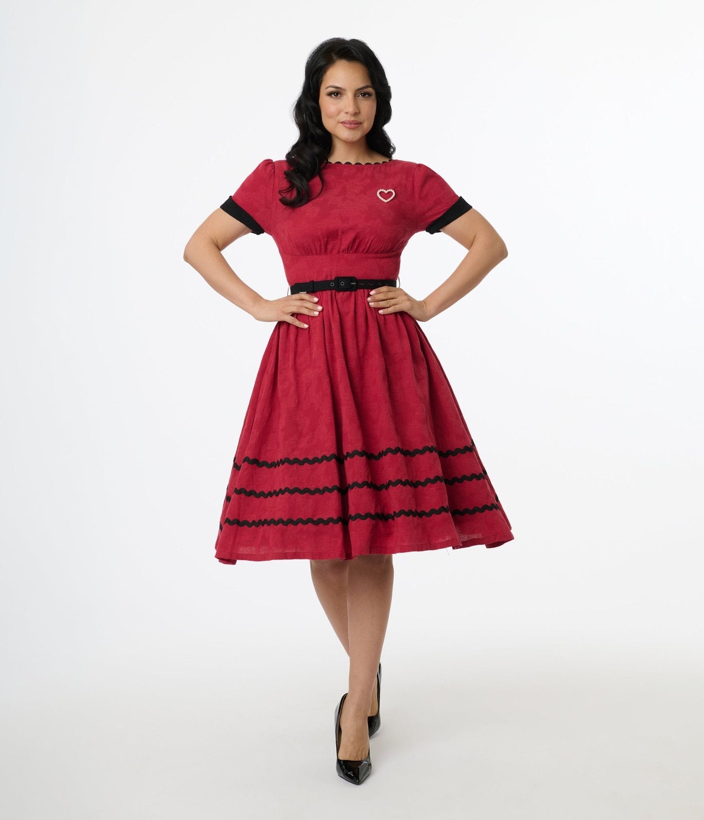 Unique Vintage 1950s Red & Faux Pearl Heart Pin Cotton Swing Dress