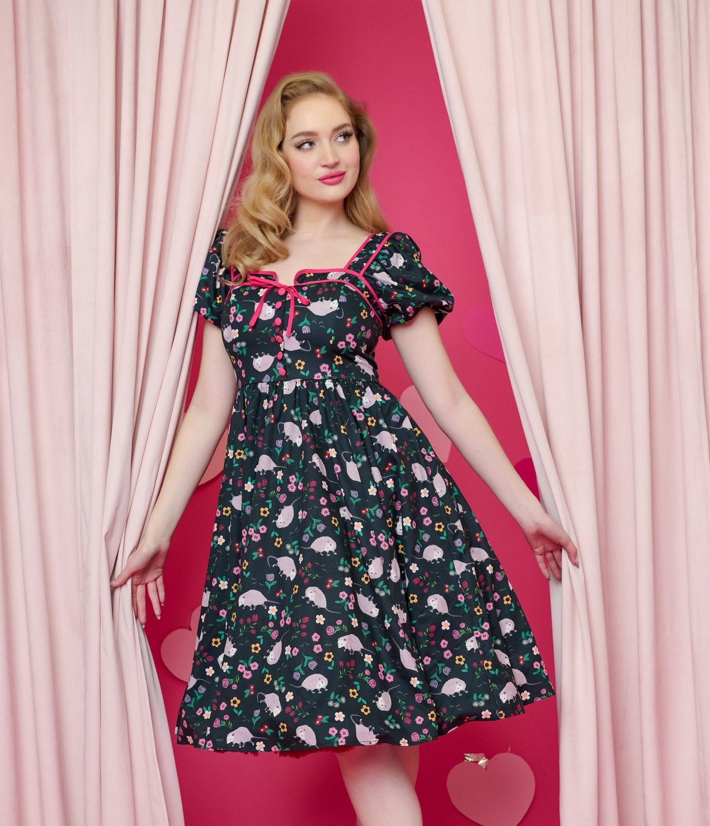 Unique Vintage 1940s Black & Pink Awesome Possum Button Front Swing Dress