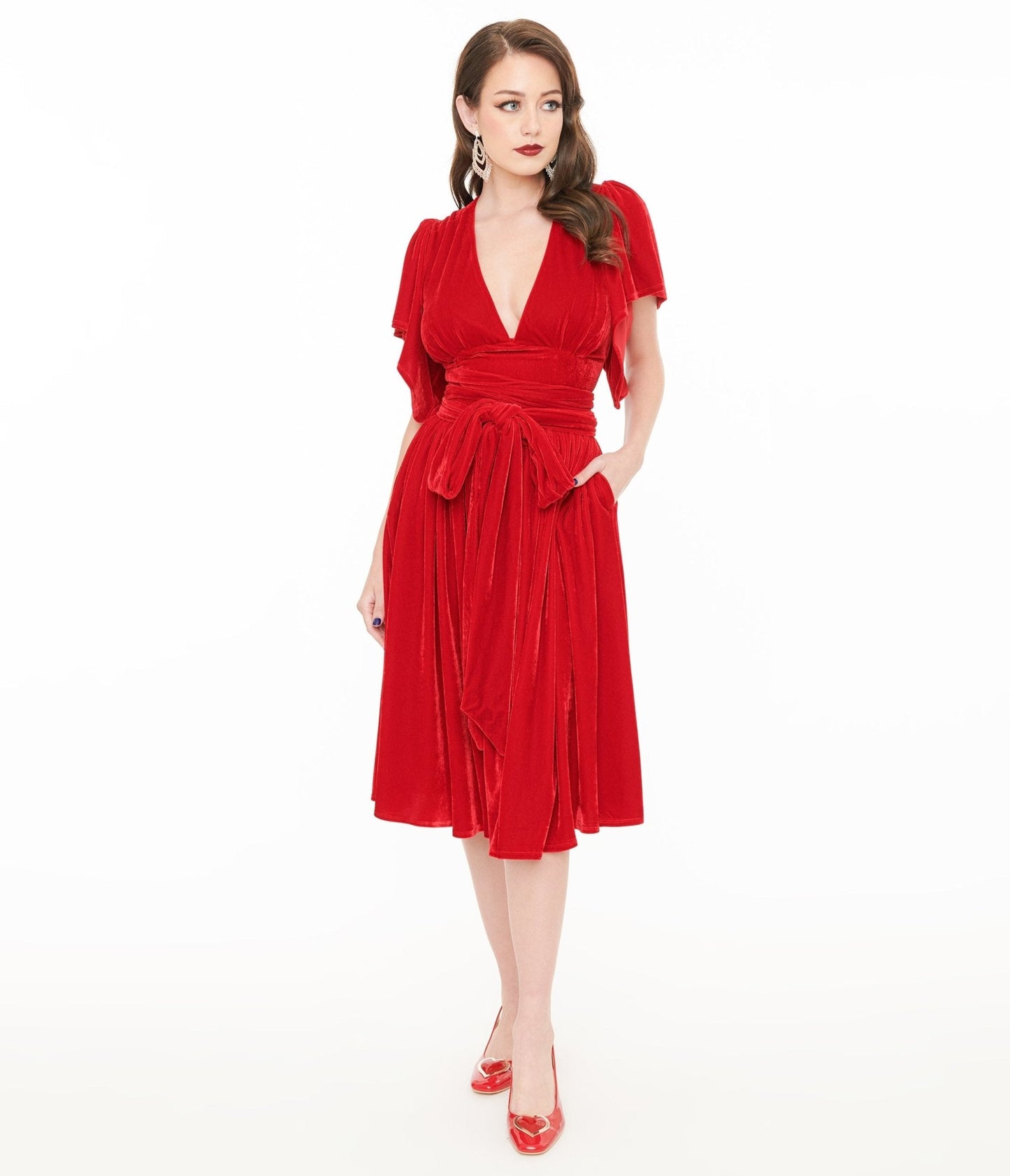 Unique Vintage 1940s Red Velvet Flutter Sleeve Lenora Swing Dress