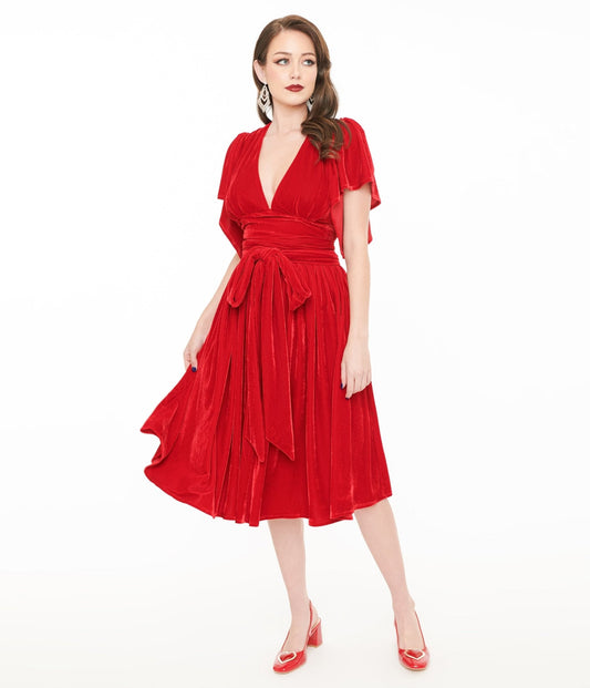 Unique Vintage 1940s Red Velvet Flutter Sleeve Lenora Swing Dress