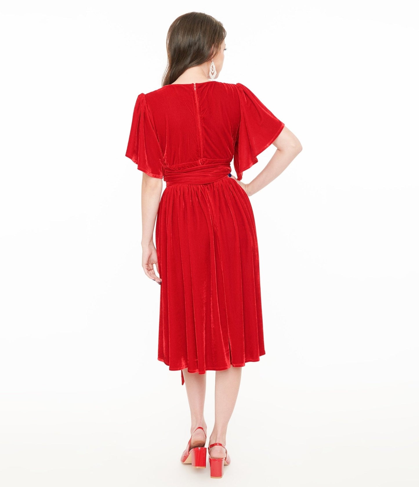 Unique Vintage 1940s Red Velvet Flutter Sleeve Lenora Swing Dress