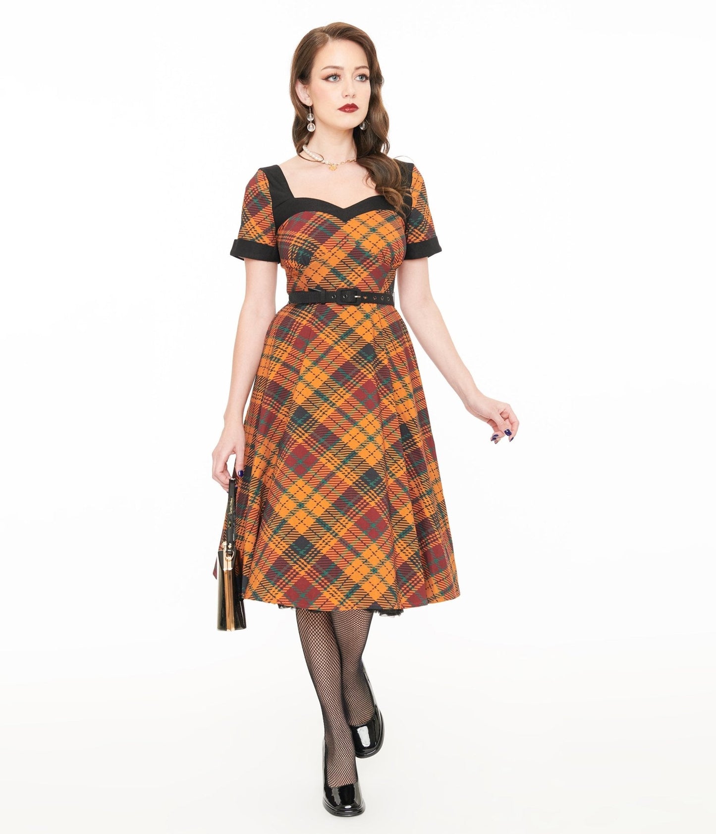 Unique Vintage 1950s Mustard Yellow & Burgundy Plaid Swing Dress