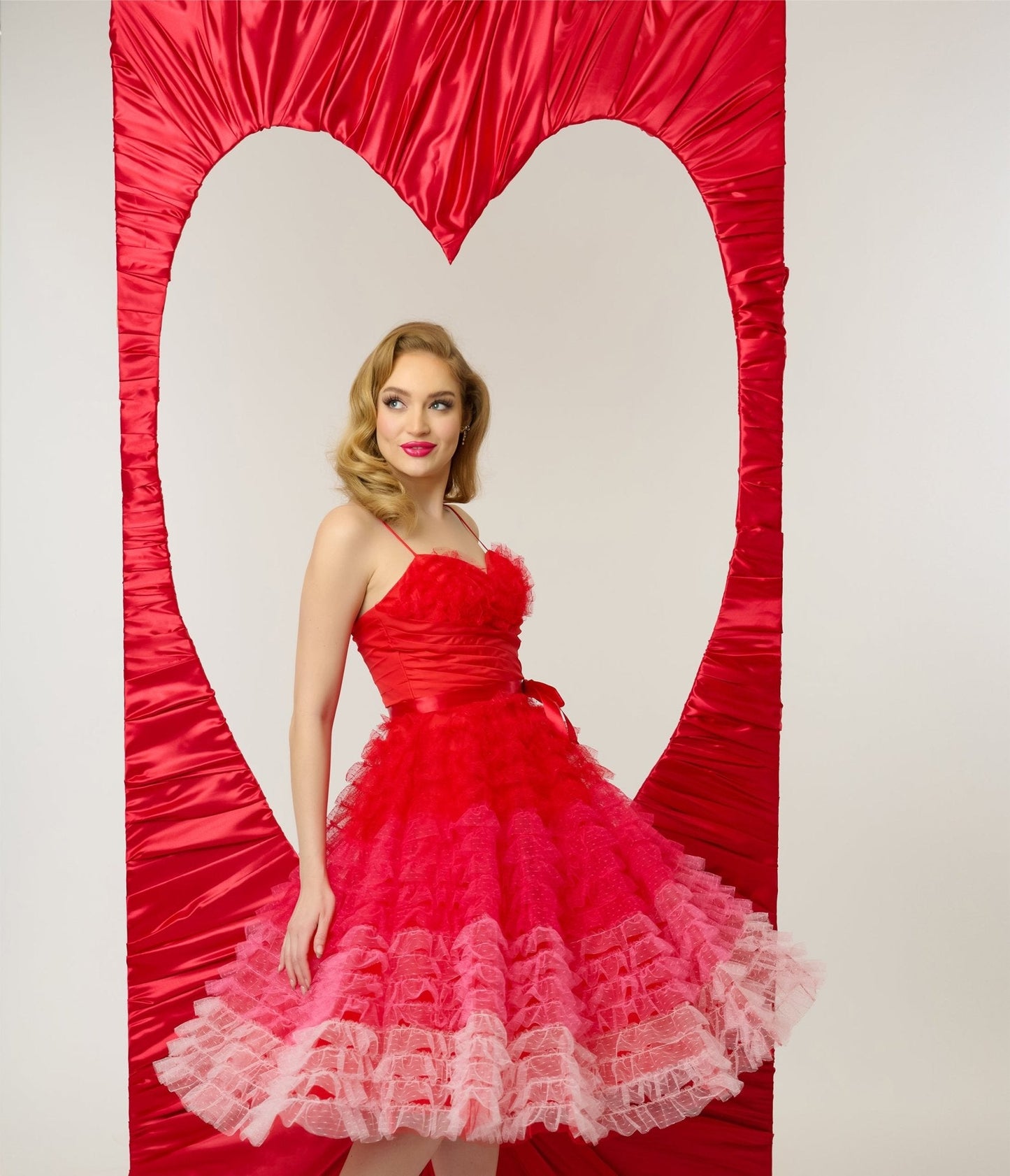 Unique Vintage 1950s Red & Pink Ombre Tulle Cupcake Swing Dress