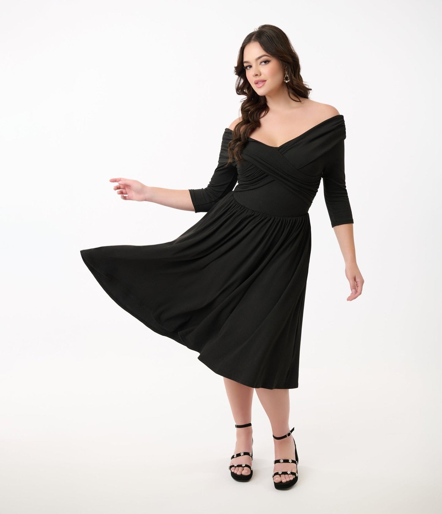 Unique Vintage Black Shirred Off Shoulder Swing Dress