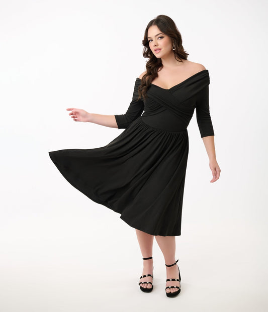Unique Vintage Black Shirred Off Shoulder Swing Dress