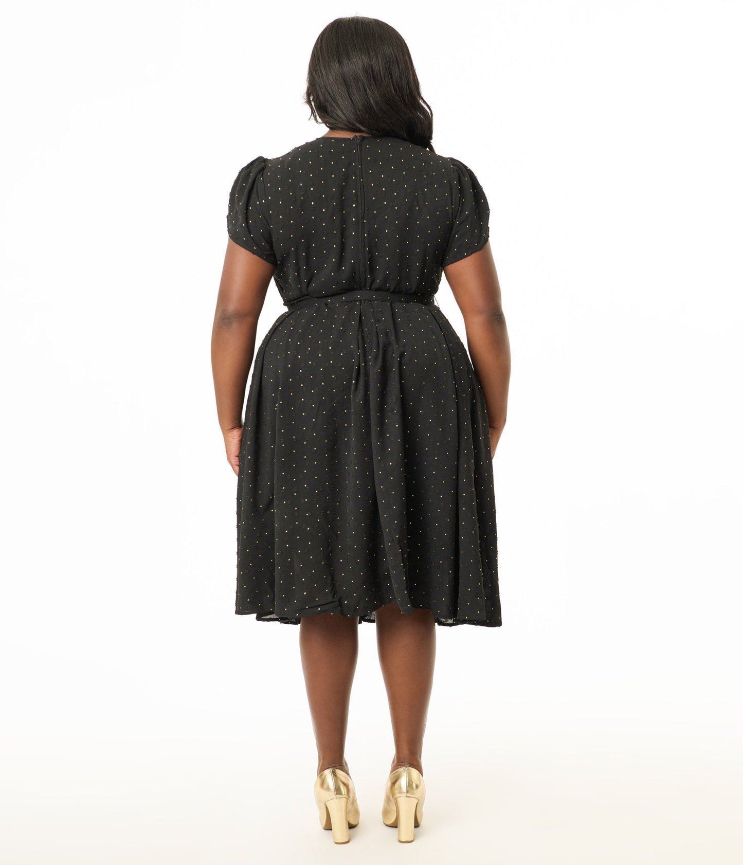 Unique Vintage Plus Size 1950s Black & Gold Pin Dot Dahlia Swing Dress