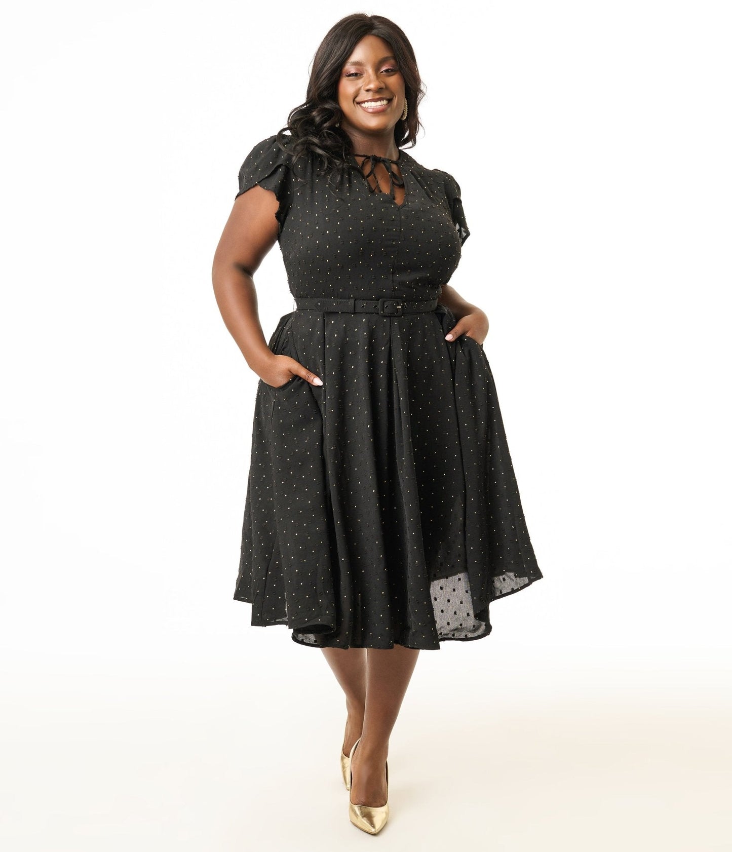 Unique Vintage Plus Size 1950s Black & Gold Pin Dot Dahlia Swing Dress